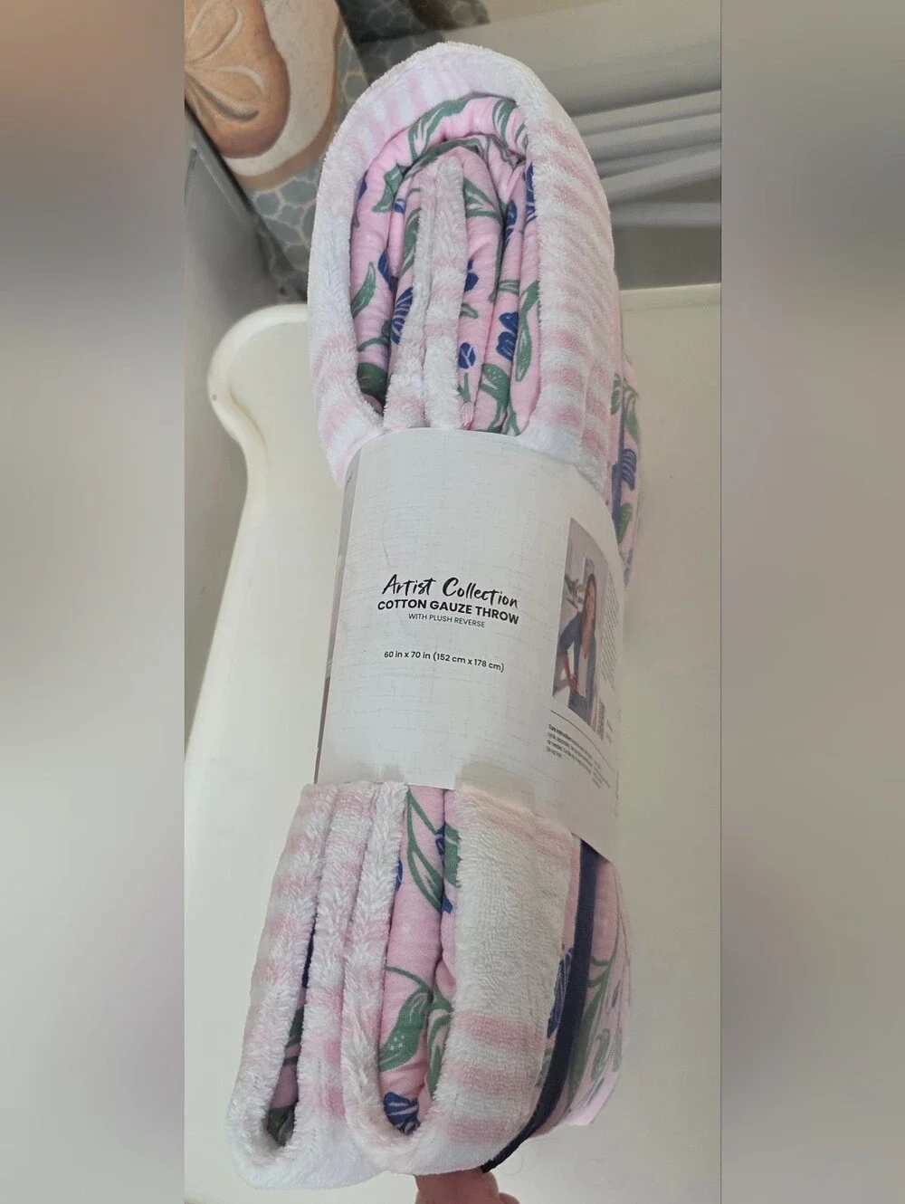 Artist Collection Cotton Gauze Floral Pink Throw Plush Striped Reverse 60x70 New